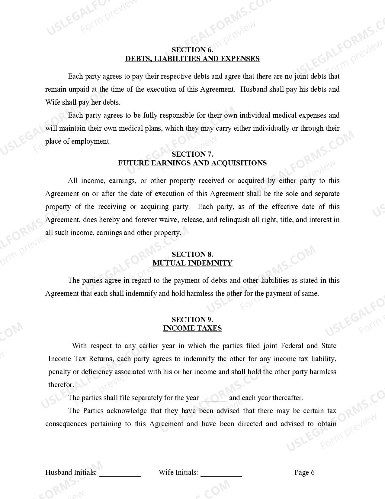 Preview Marital Domestic Separation and Property Settlement Agreement for persons with No Children, No Joint Property or Debts where Divorce Action Filed