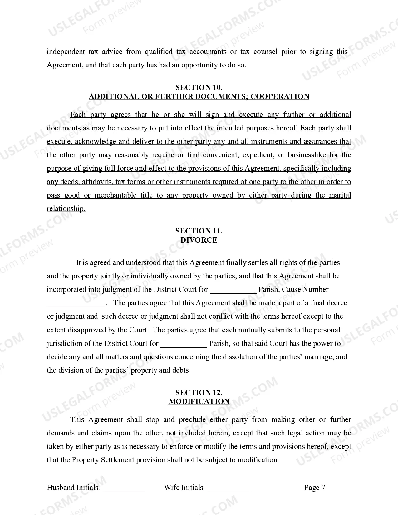 Preview Marital Domestic Separation and Property Settlement Agreement for persons with No Children, No Joint Property or Debts where Divorce Action Filed