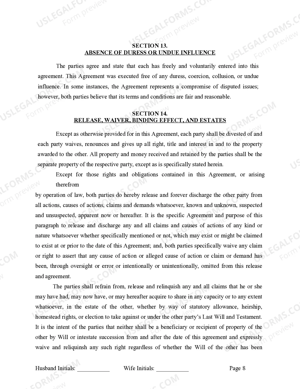 Preview Marital Domestic Separation and Property Settlement Agreement for persons with No Children, No Joint Property or Debts where Divorce Action Filed