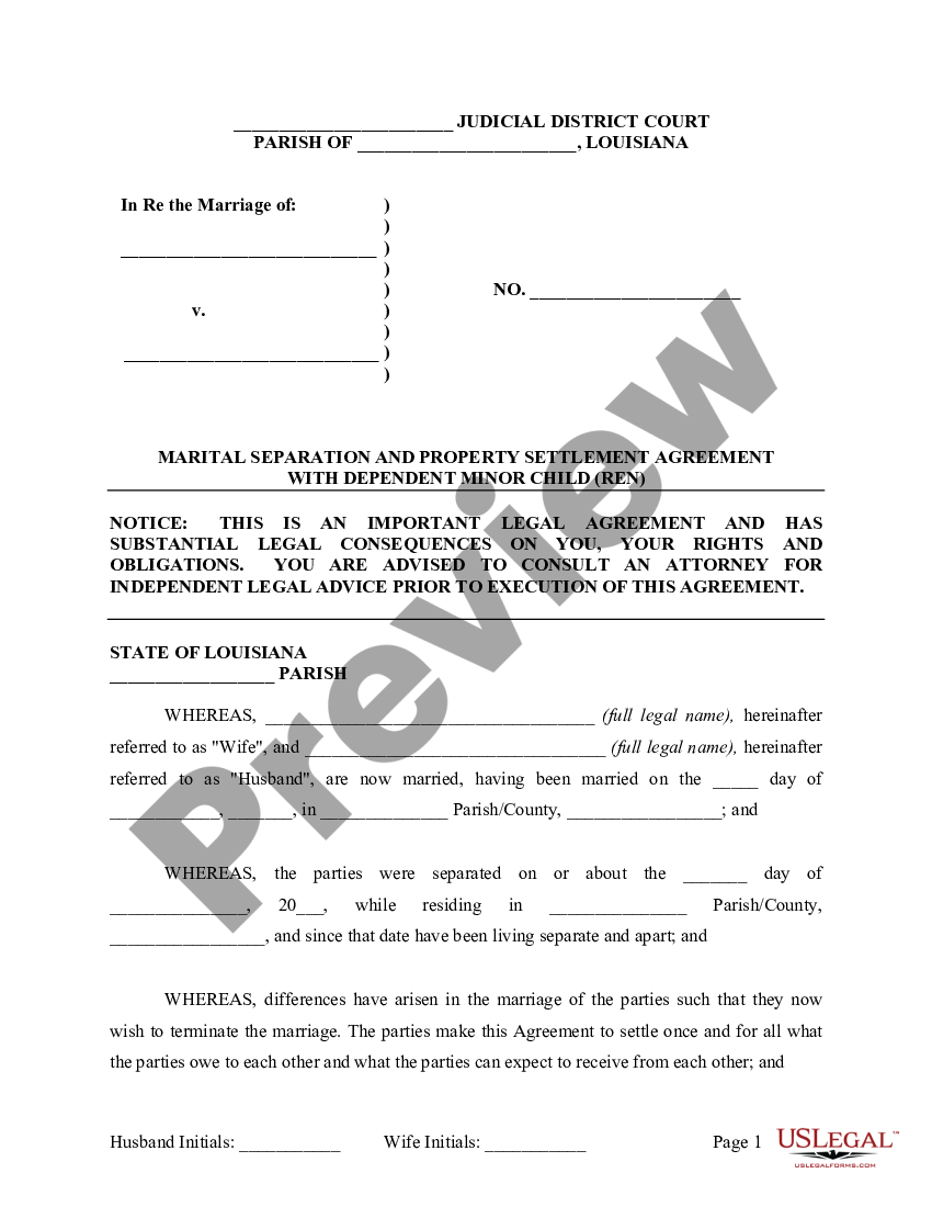 Louisiana Marital Domestic Separation and Property Settlement Agreement