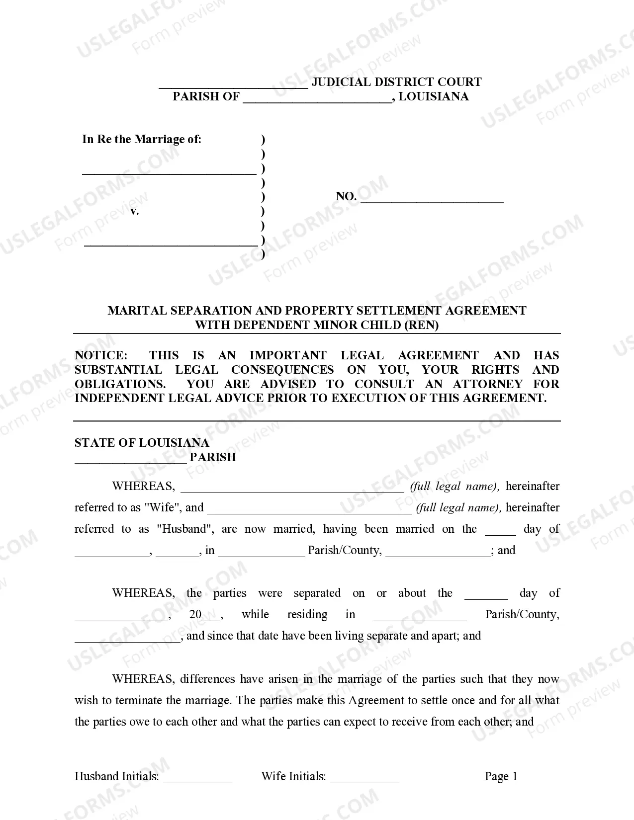 Preview Marital Domestic Separation and Property Settlement Agreement Minor Children no Joint Property or Debts where Divorce Action Filed