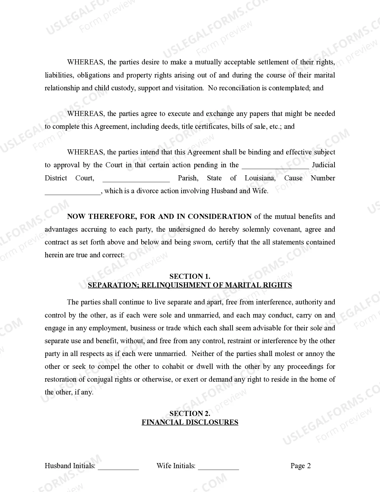 Preview Marital Domestic Separation and Property Settlement Agreement Minor Children no Joint Property or Debts where Divorce Action Filed