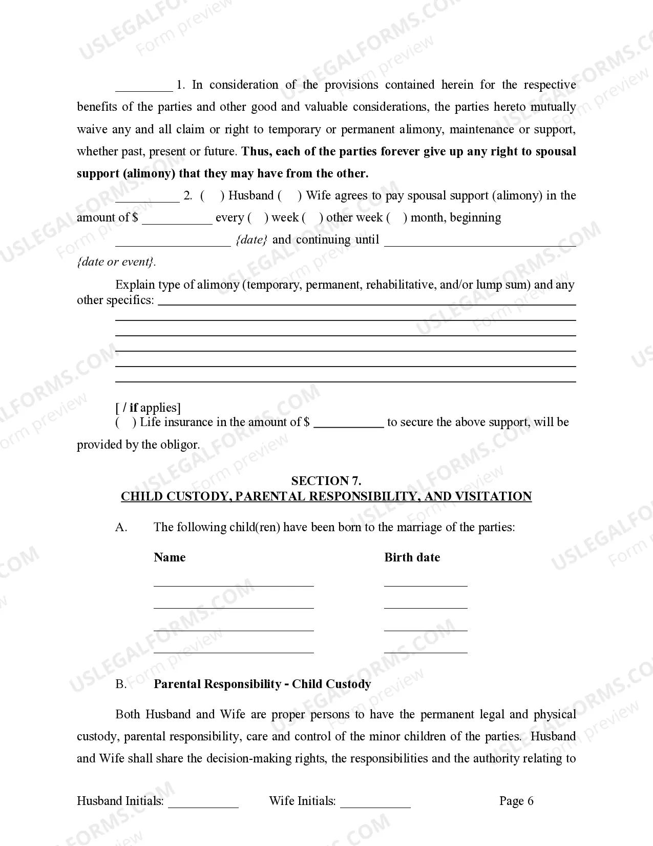 Preview Marital Domestic Separation and Property Settlement Agreement Minor Children no Joint Property or Debts where Divorce Action Filed