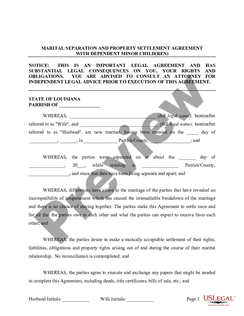 Louisiana Marital Domestic Separation and Property Settlement Agreement