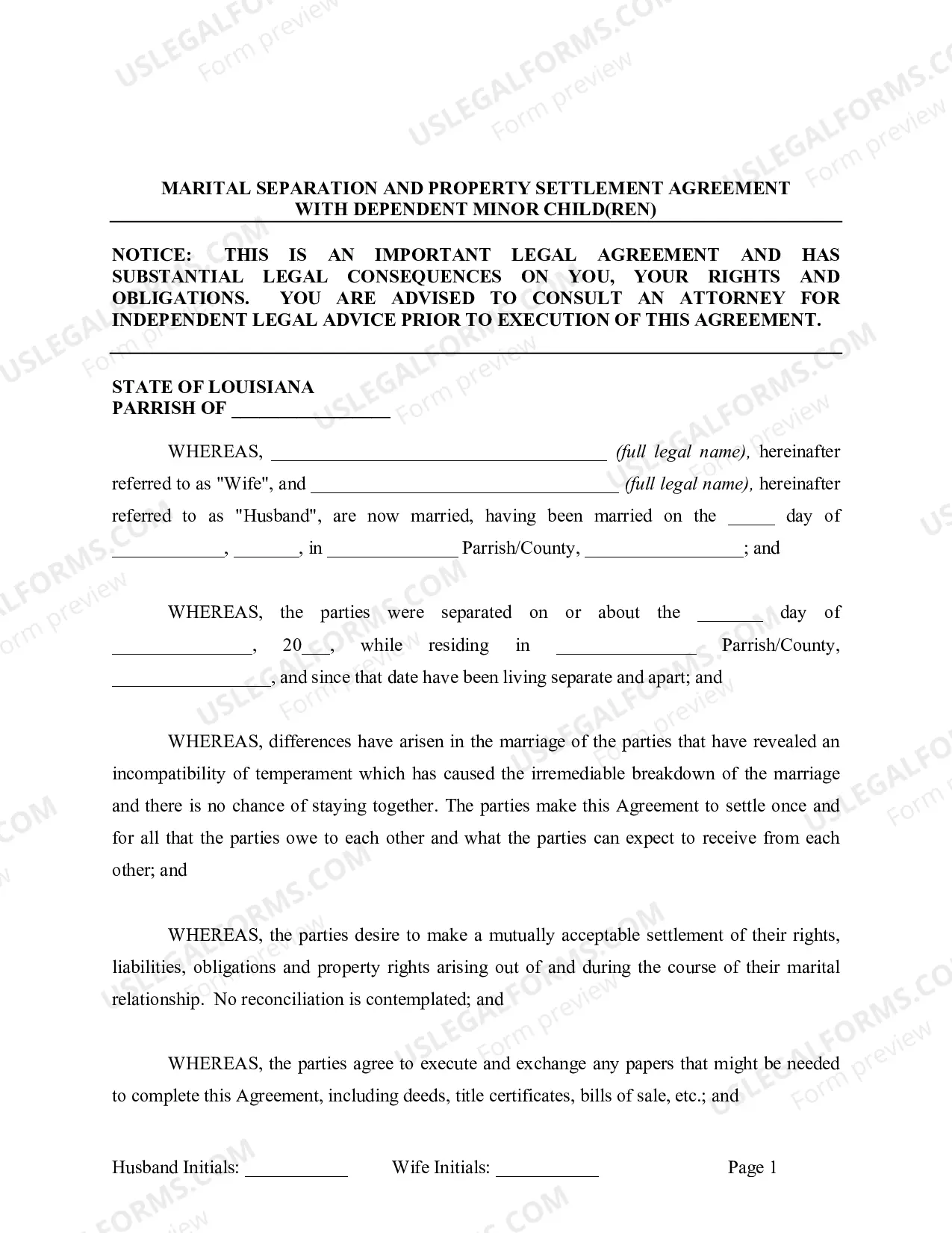 Preview Marital Domestic Separation and Property Settlement Agreement Minor Children no Joint Property or Debts effective Immediately