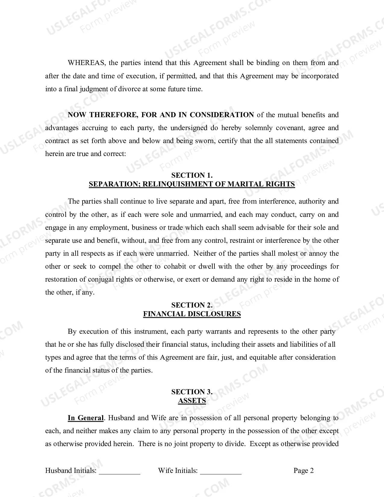 Preview Marital Domestic Separation and Property Settlement Agreement Minor Children no Joint Property or Debts effective Immediately