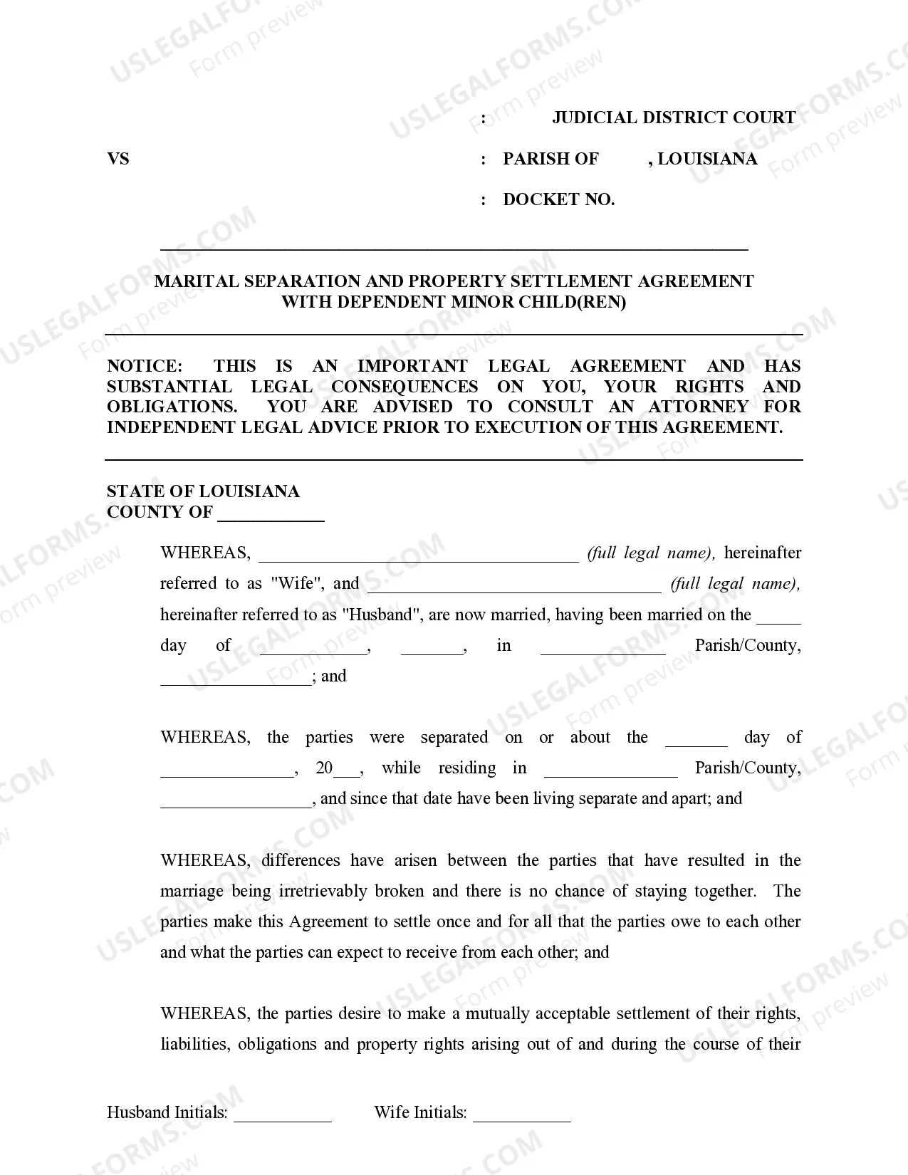 Preview Marital Domestic Separation and Property Settlement Agreement Minor Children Parties May have Joint Property or Debts where Divorce Action Filed