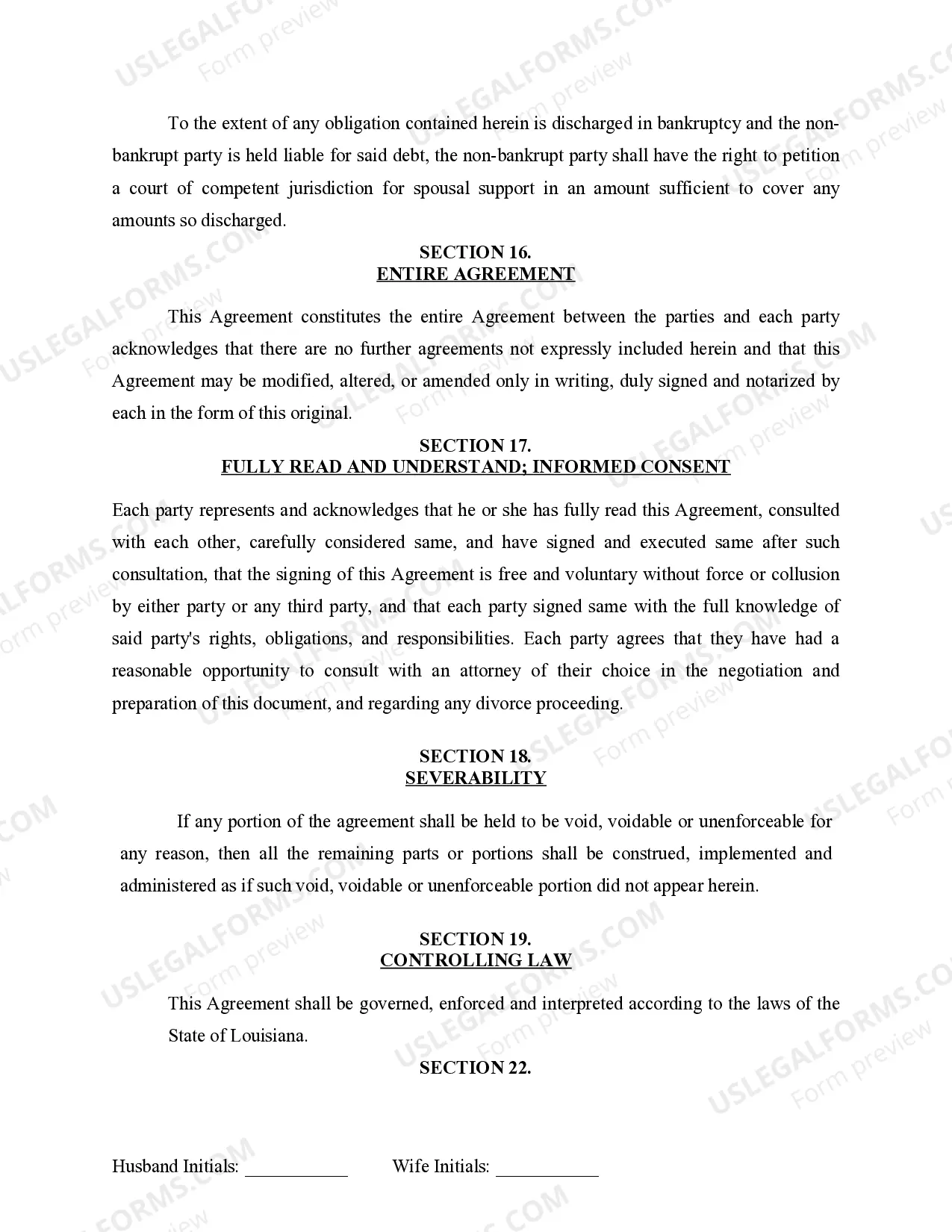 Preview Marital Domestic Separation and Property Settlement Agreement for persons with no Children, no Joint Property, or Debts Effective Immediately