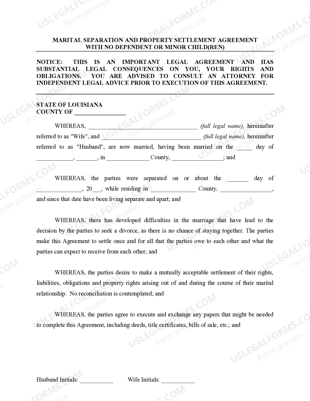 Preview Marital Domestic Separation and Property Settlement Agreement for persons with no Children, no Joint Property, or Debts Effective Immediately