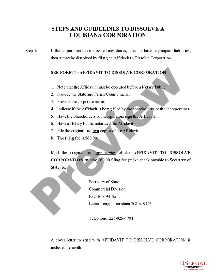 Get Louisiana Dissolution Package to Dissolve Corporation Preview Louisiana Dissolution Package to Dissolve Corporation