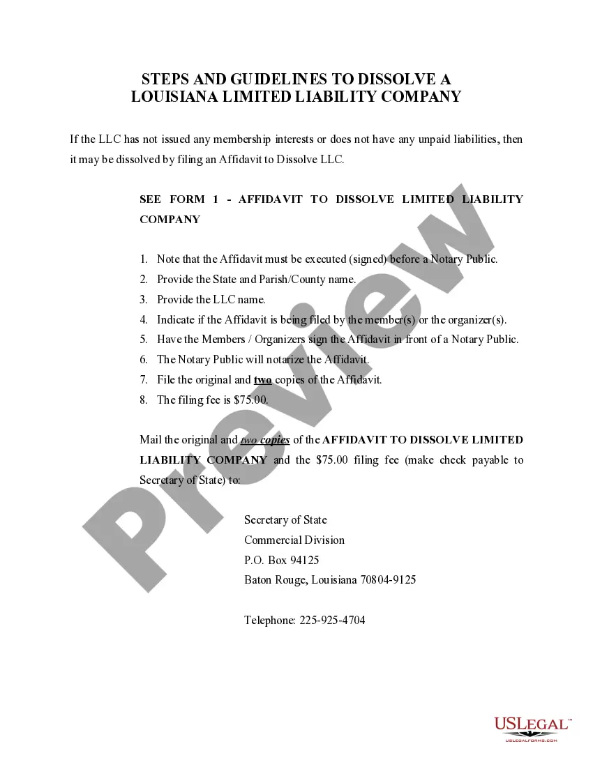 Get Louisiana Dissolution Package to Dissolve Limited Liability Company LLC Preview Louisiana Dissolution Package to Dissolve Limited Liability Company LLC