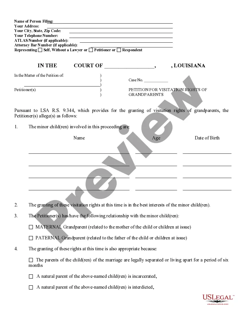 Preview Louisiana Petition for Visitation Rights of Grandparents