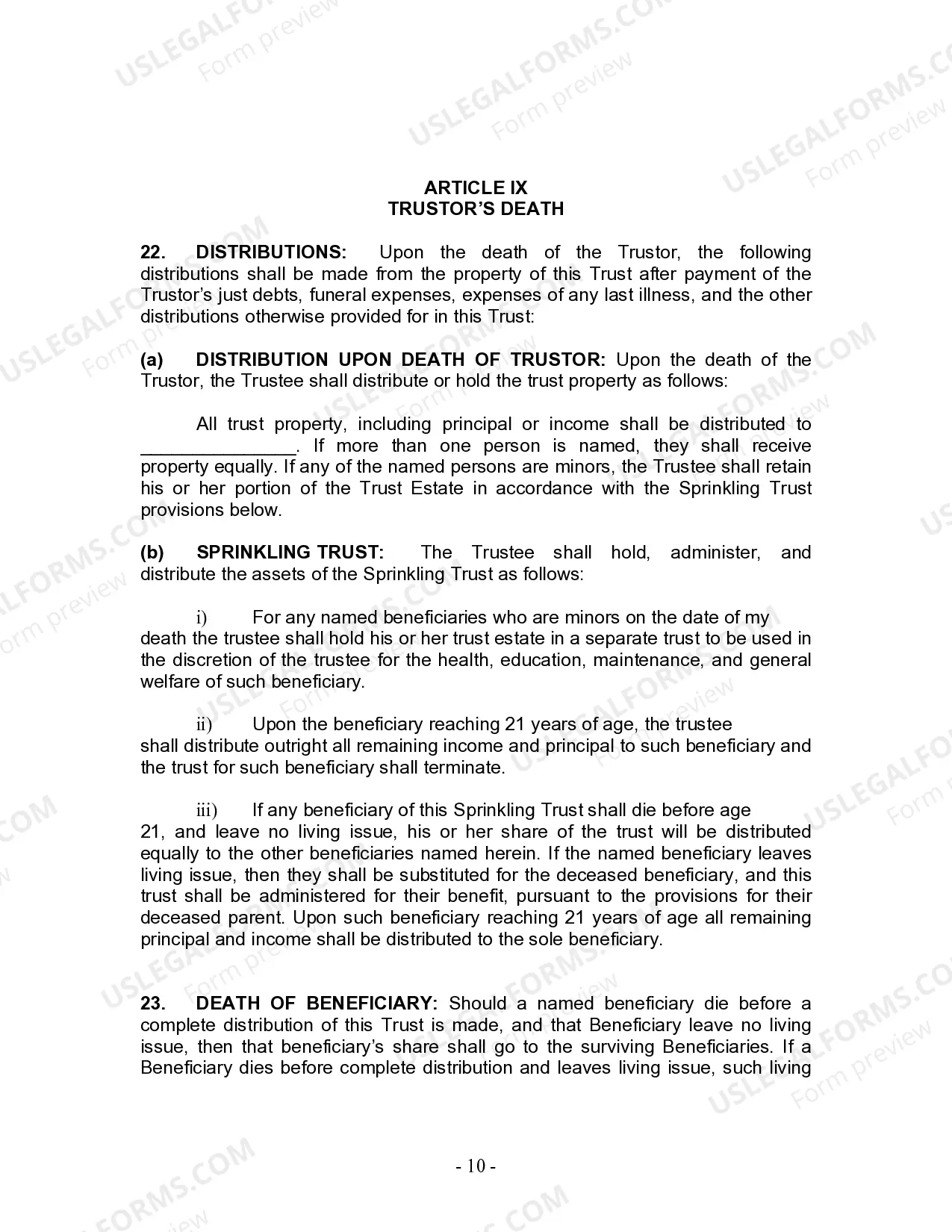 Preview Living Trust for Individual as Single, Divorced or Widow (or Widower) with No Children