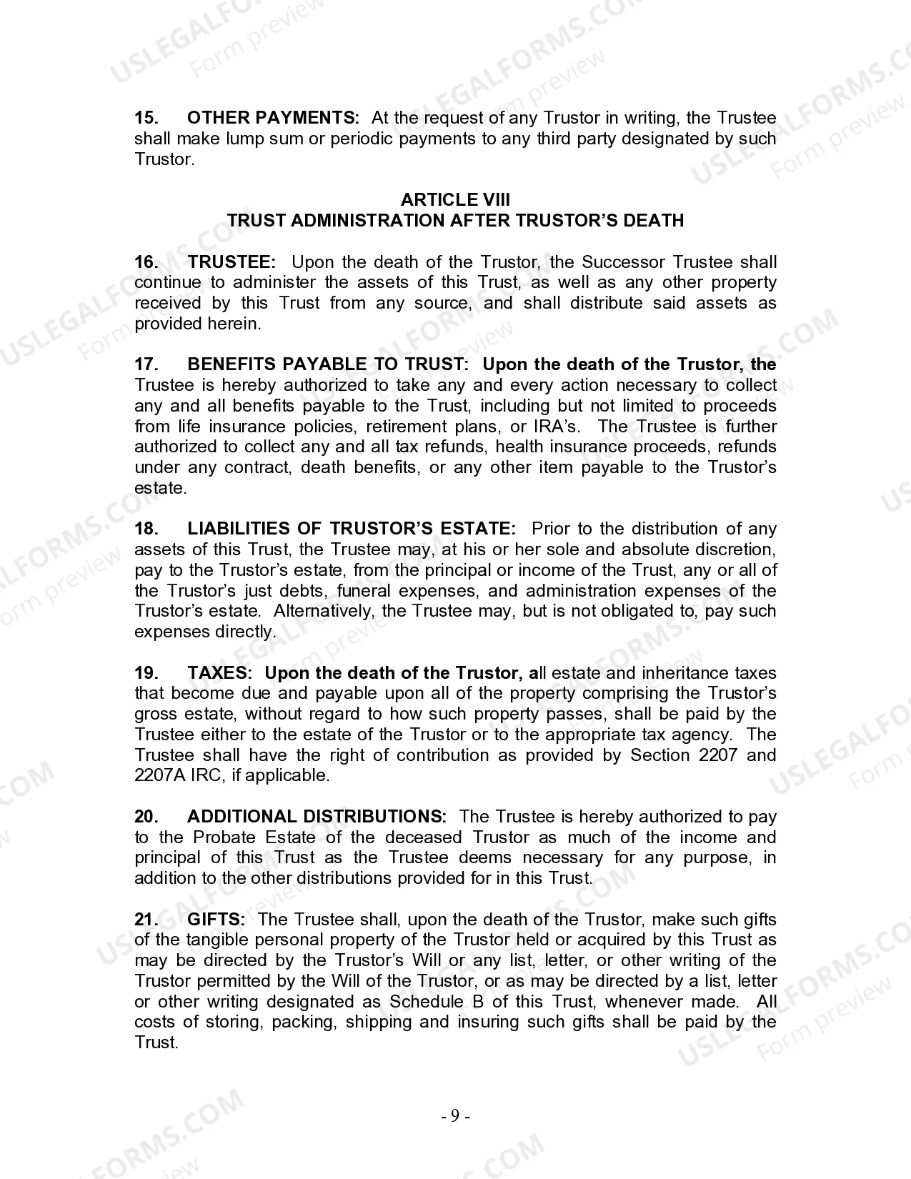 Preview Living Trust for Individual as Single, Divorced or Widow (or Widower) with No Children