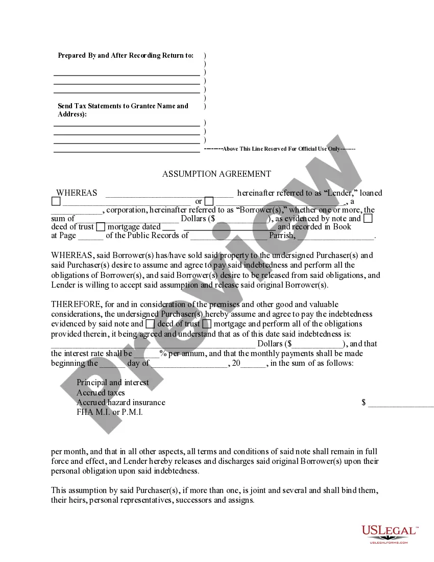 Preview Assumption Agreement of Mortgage and Release of Original Mortgagors