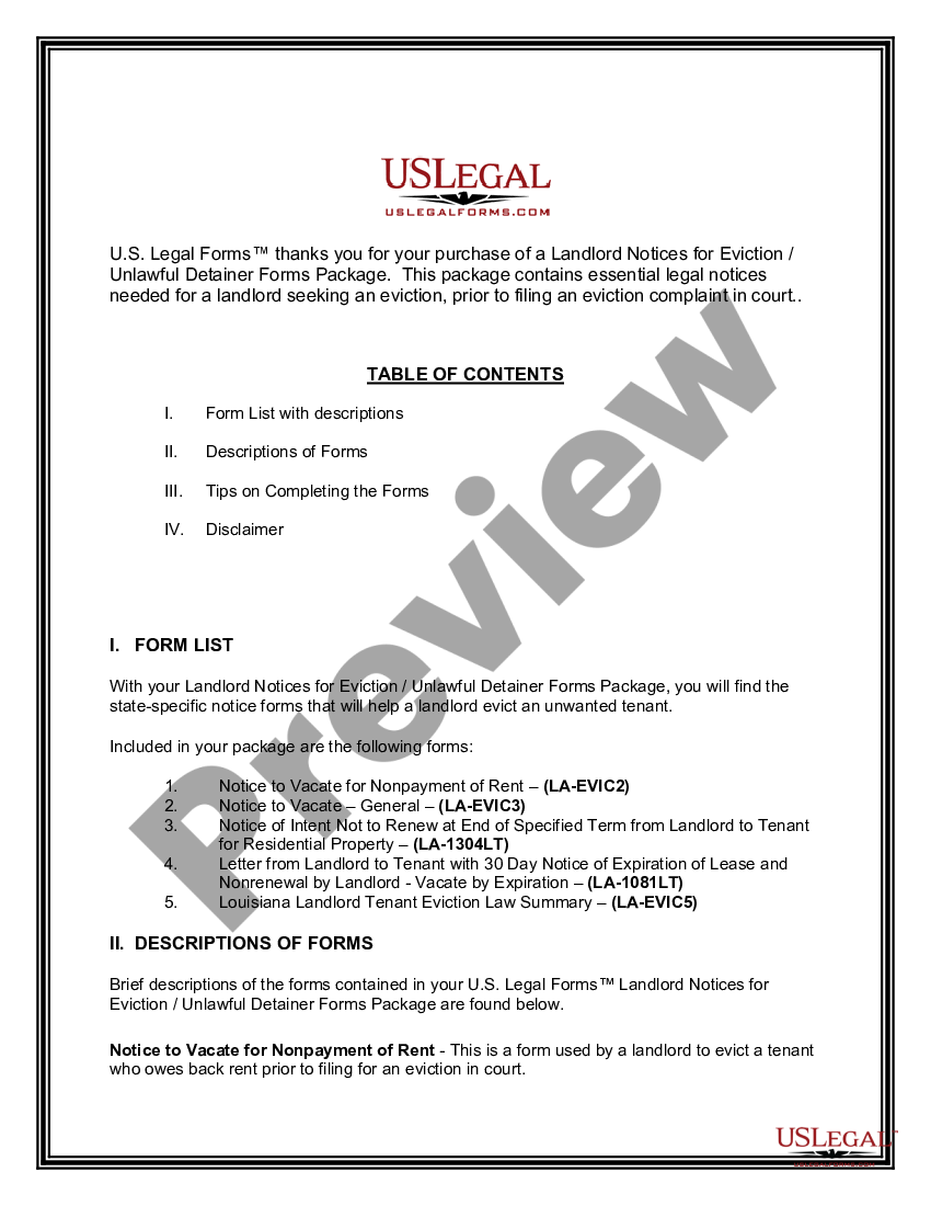 Louisiana Landlord Notices for Eviction / Unlawful Detainer Forms