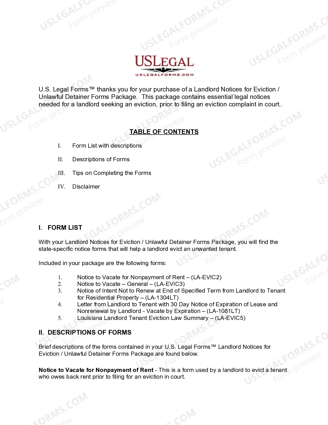 Preview Louisiana Landlord Notices for Eviction / Unlawful Detainer Forms Package