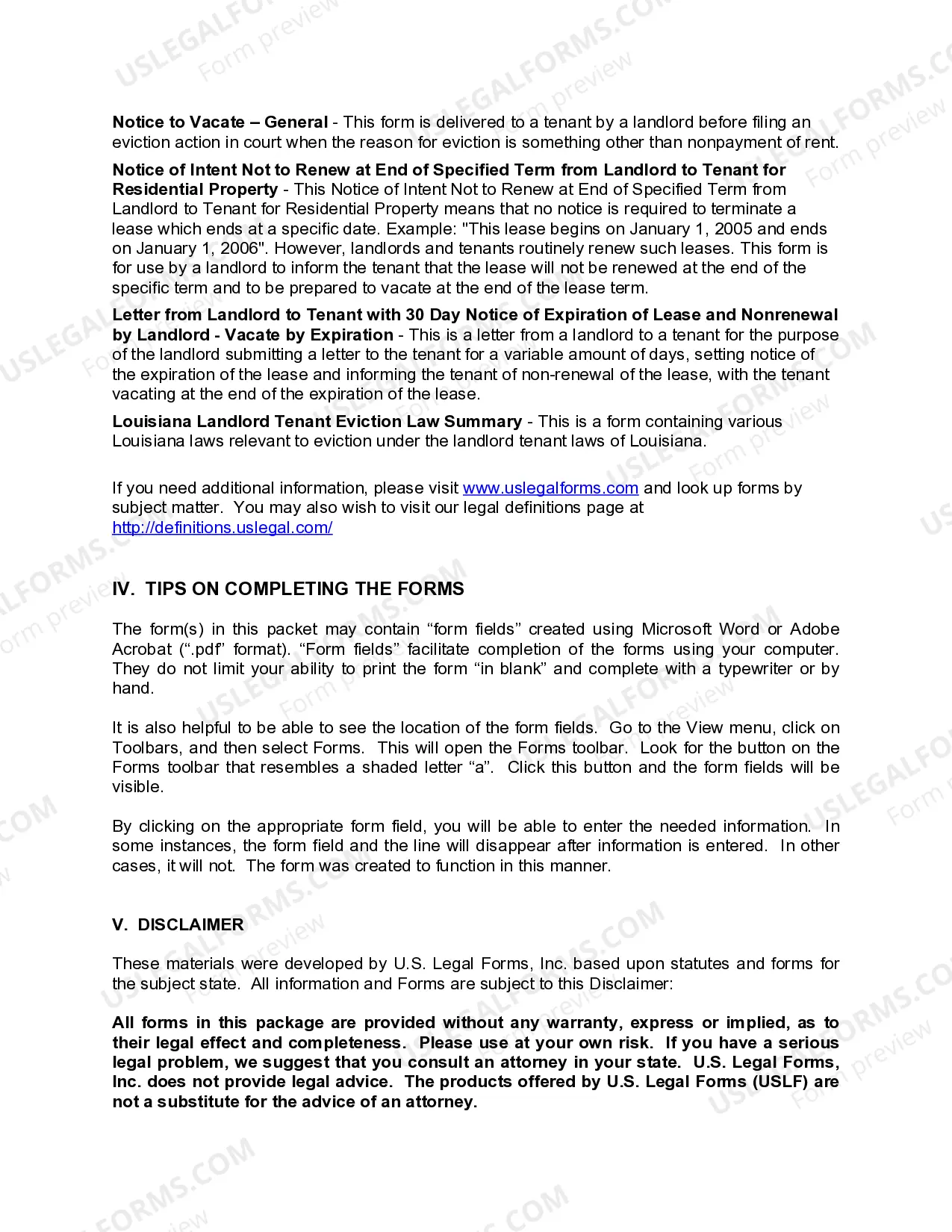 Preview Louisiana Landlord Notices for Eviction / Unlawful Detainer Forms Package