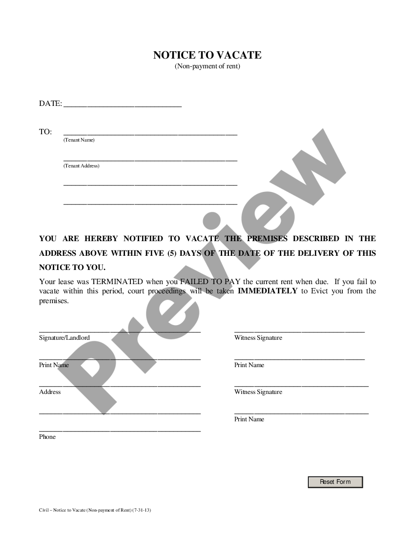 Louisiana Notice To Vacate Form For Termination Of Tenancy | US Legal Forms