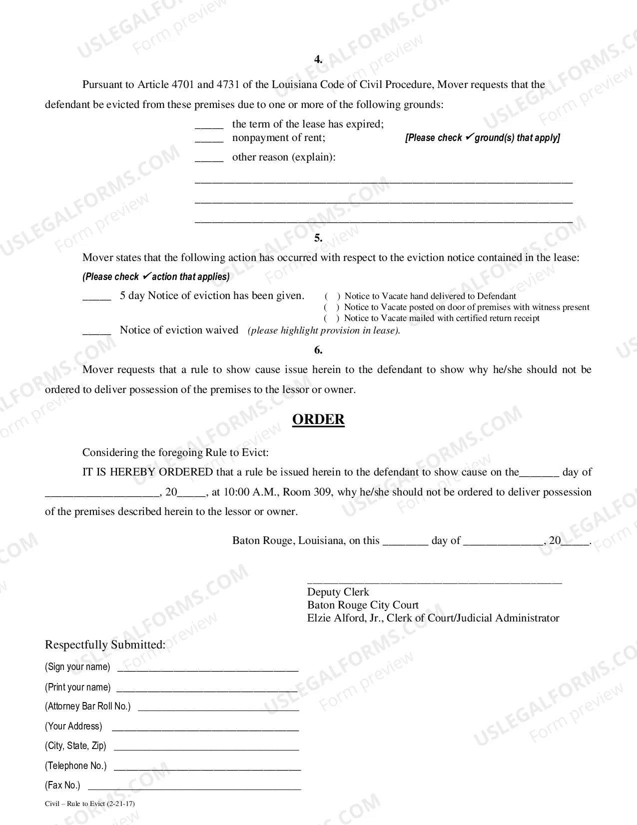 Preview Rule to Evict (Baton Rouge only)