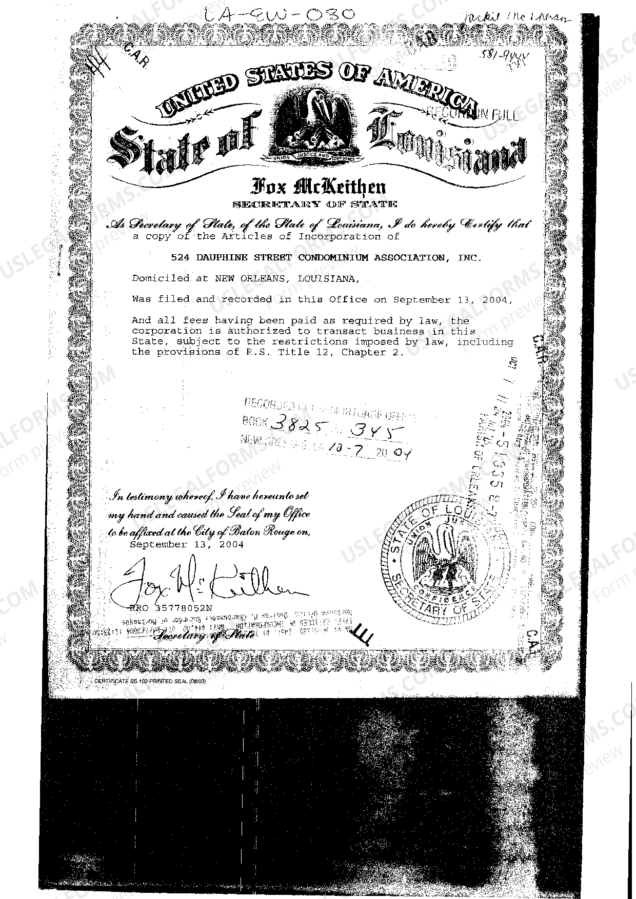 New Orleans Louisiana Articles Of Incorporation, Affidavit of