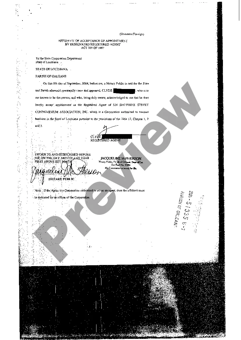 Preview Articles Of Incorporation, Affidavit of Acceptance of Agency for Service of Process Appointment