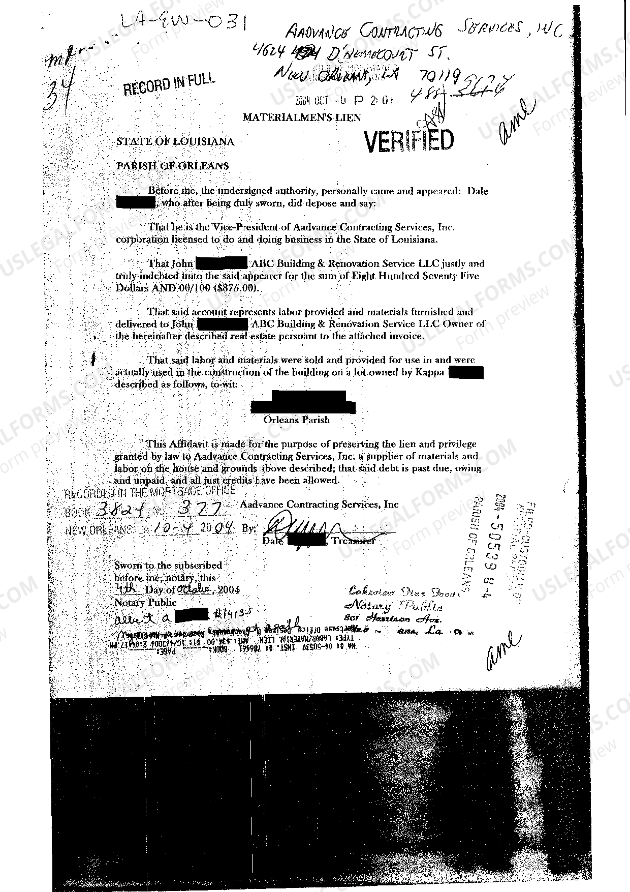 Louisiana Materialman's Lien Materialman's Lien US Legal Forms