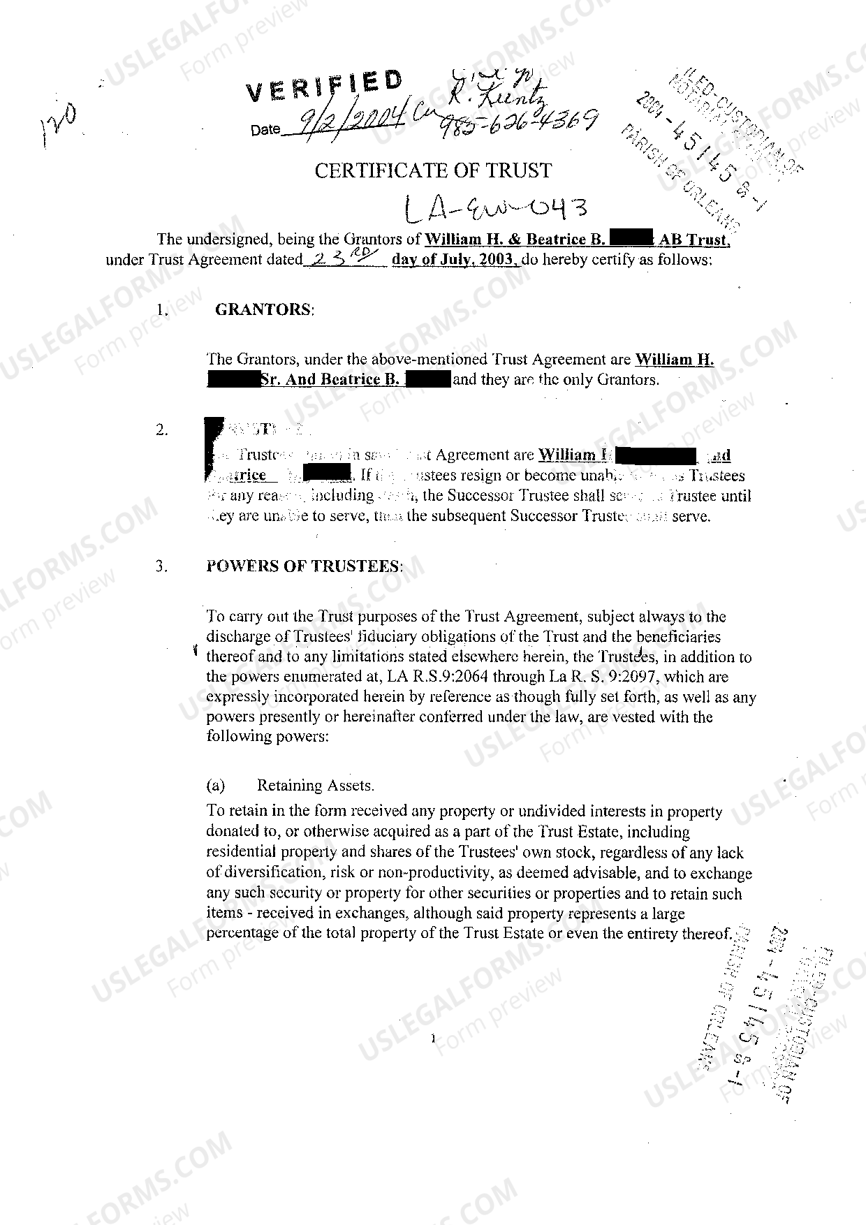 Certification Of Trust In Louisiana Form | US Legal Forms