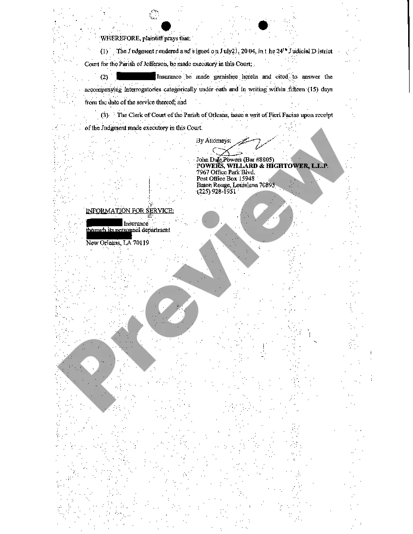 Preview Petition To Make Judgment Executory Of A Louisiana Court And For Garnishment Under Writ Of Fieri Facias