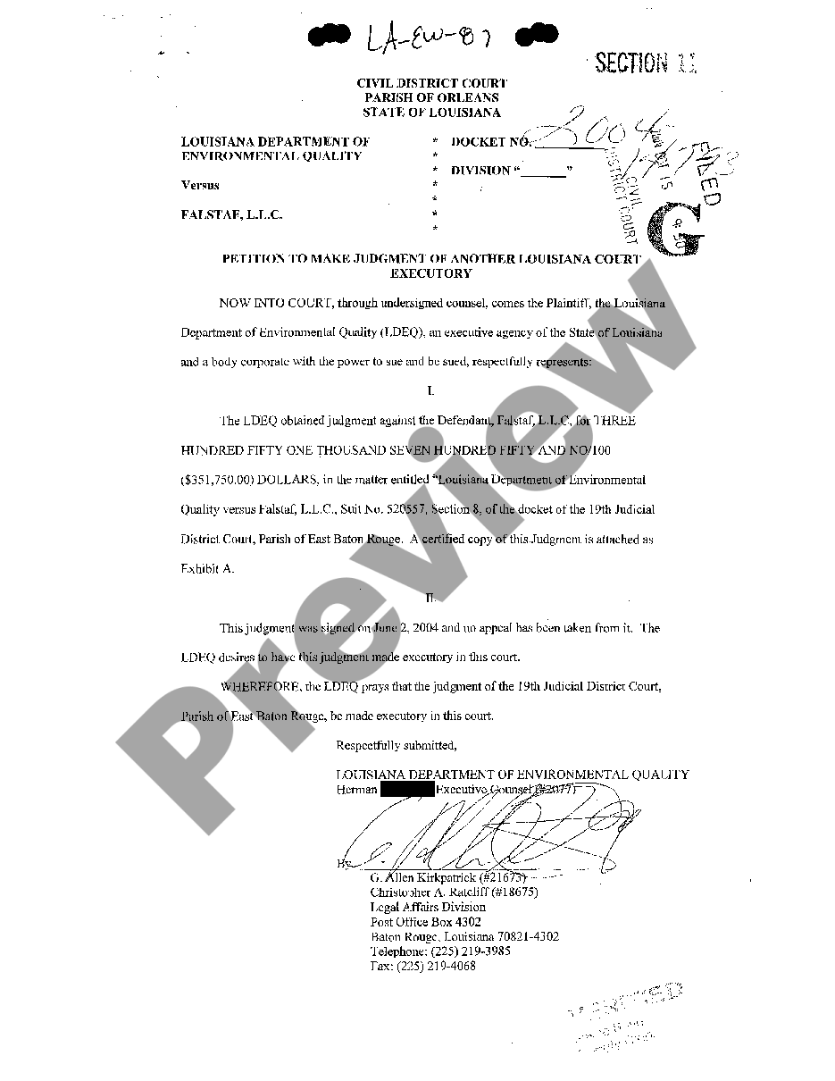 page 0 Petition To Make Judgment Of Another Louisiana Court Executory preview