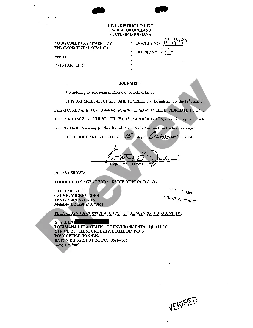 Preview Petition To Make Judgment Of Another Louisiana Court Executory