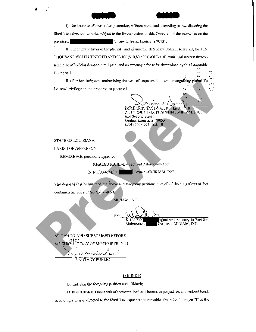 Preview Petition In Suit On lease And For Sequestration