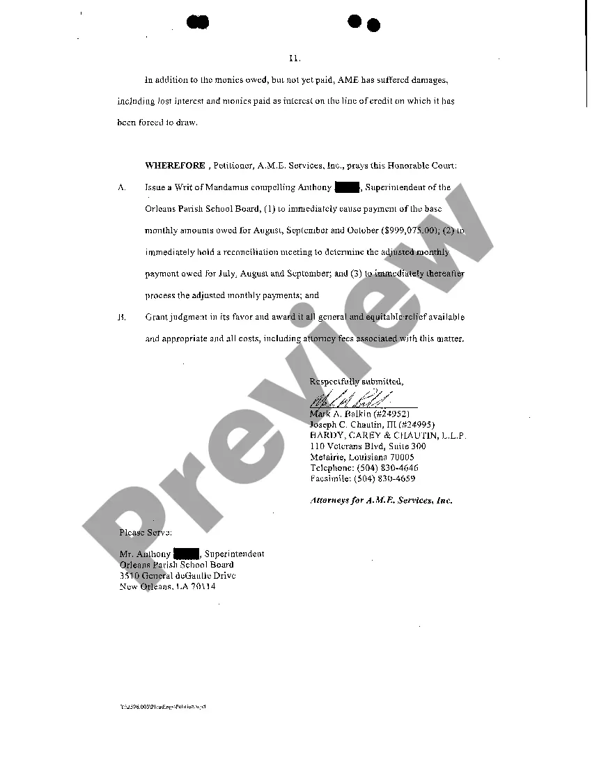 Preview Petition For Writ Of Mandamus And For Damages