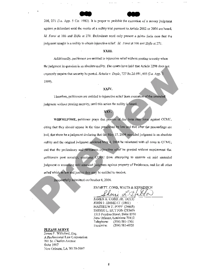 Get Verified Petition For Nullity And For Preliminary And Permanent Injunction Preview Verified Petition For Nullity And For Preliminary And Permanent Injunction