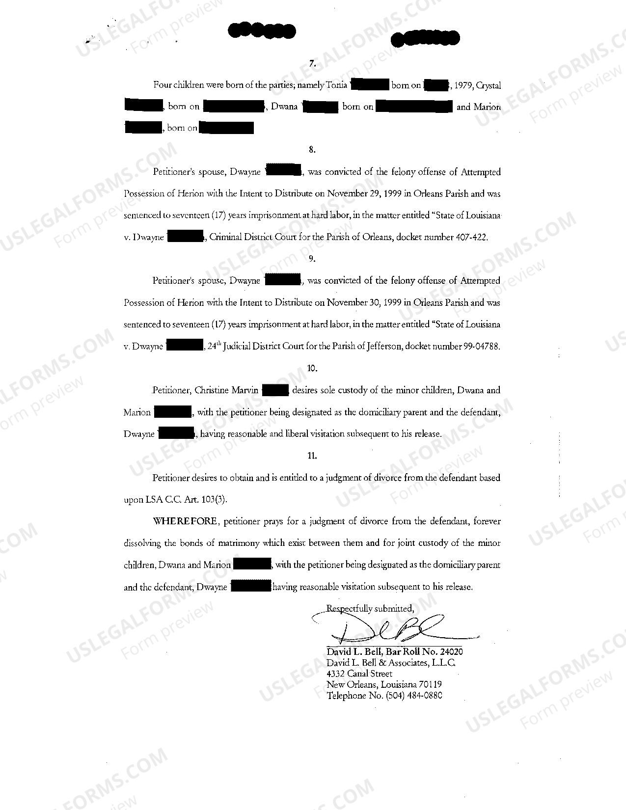 Louisiana Petition For Divorce Based Upon LSA C.C ART. 103(3) And Sole