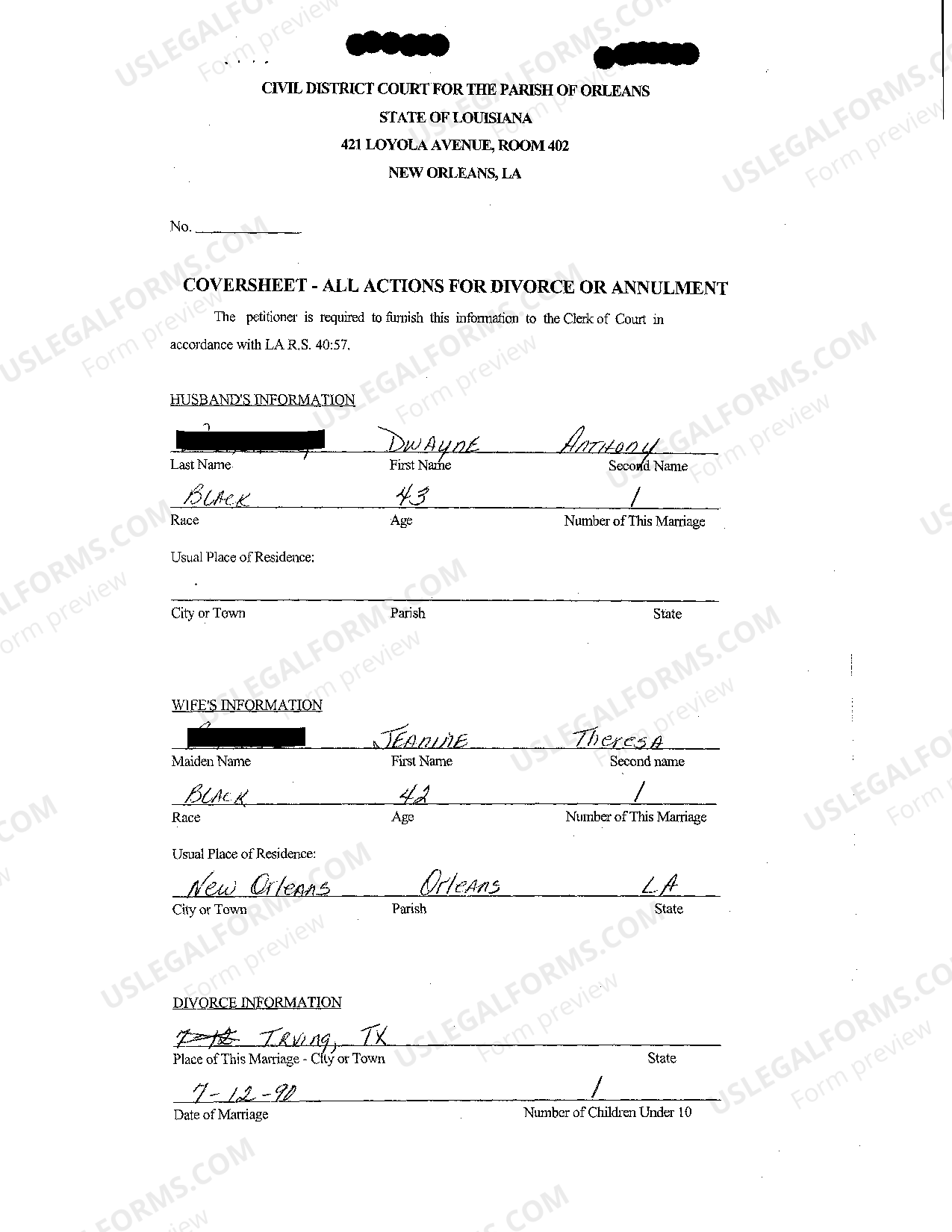 Louisiana Petition For Divorce Based Upon LSA C.C ART. 103(3) And Sole