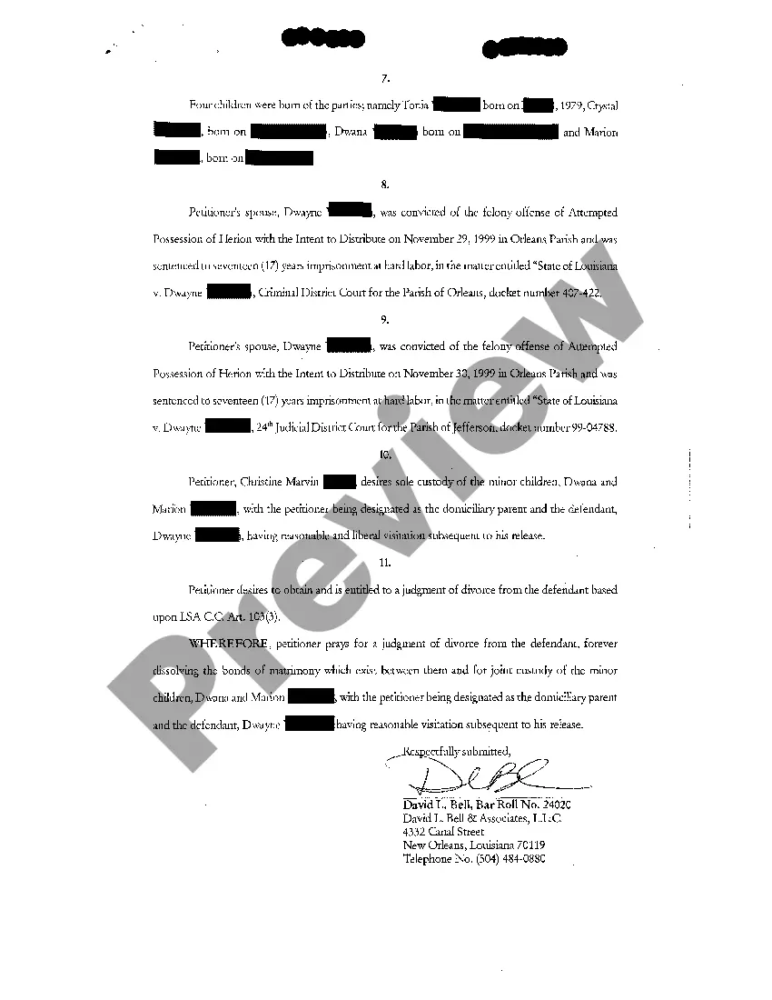 Get Petition For Divorce Based Upon LSA C.C ART. 103(3) And Sole Custody Preview Petition For Divorce Based Upon LSA C.C ART. 103(3) And Sole Custody