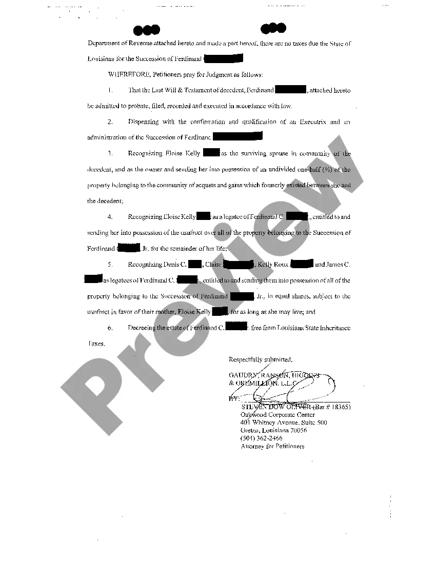 Preview Petition For Probate Of Olographic Testament, And For Possession