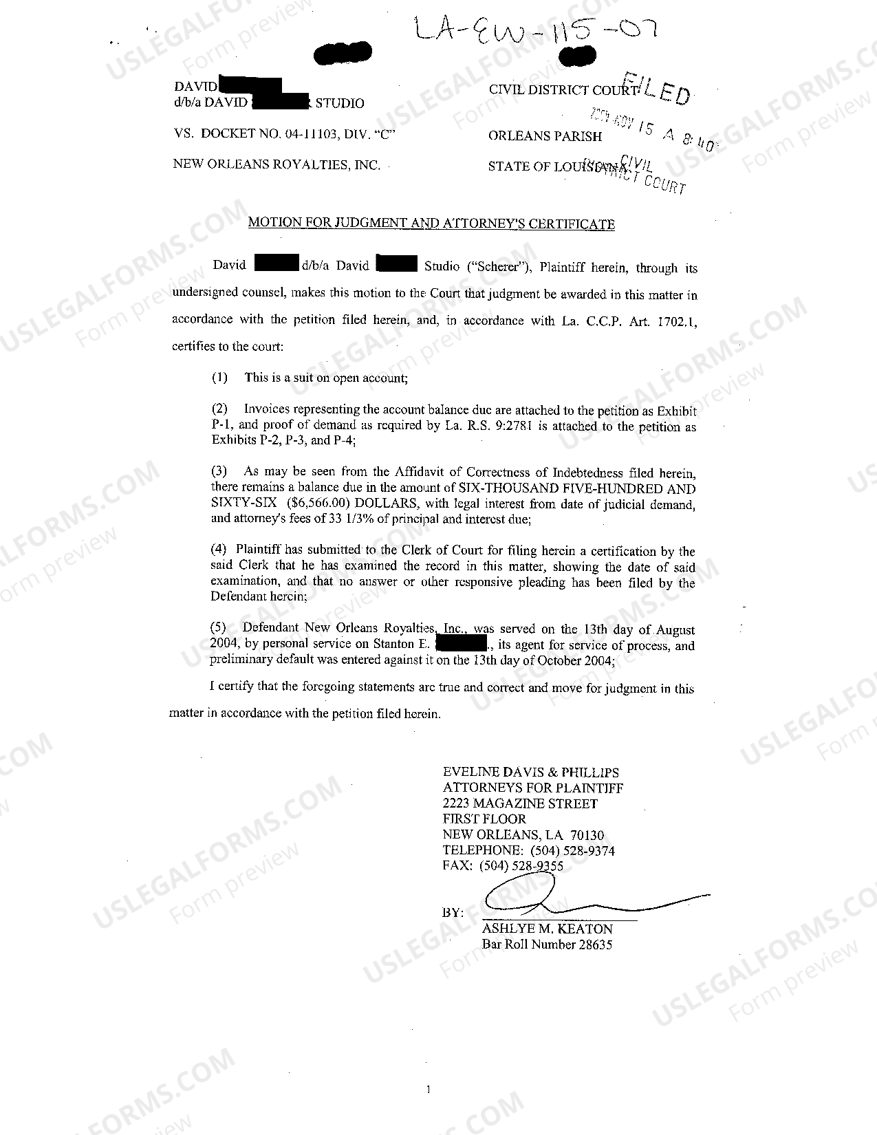 Louisiana Motion For Judgment And Attorney's Certificate US Legal Forms