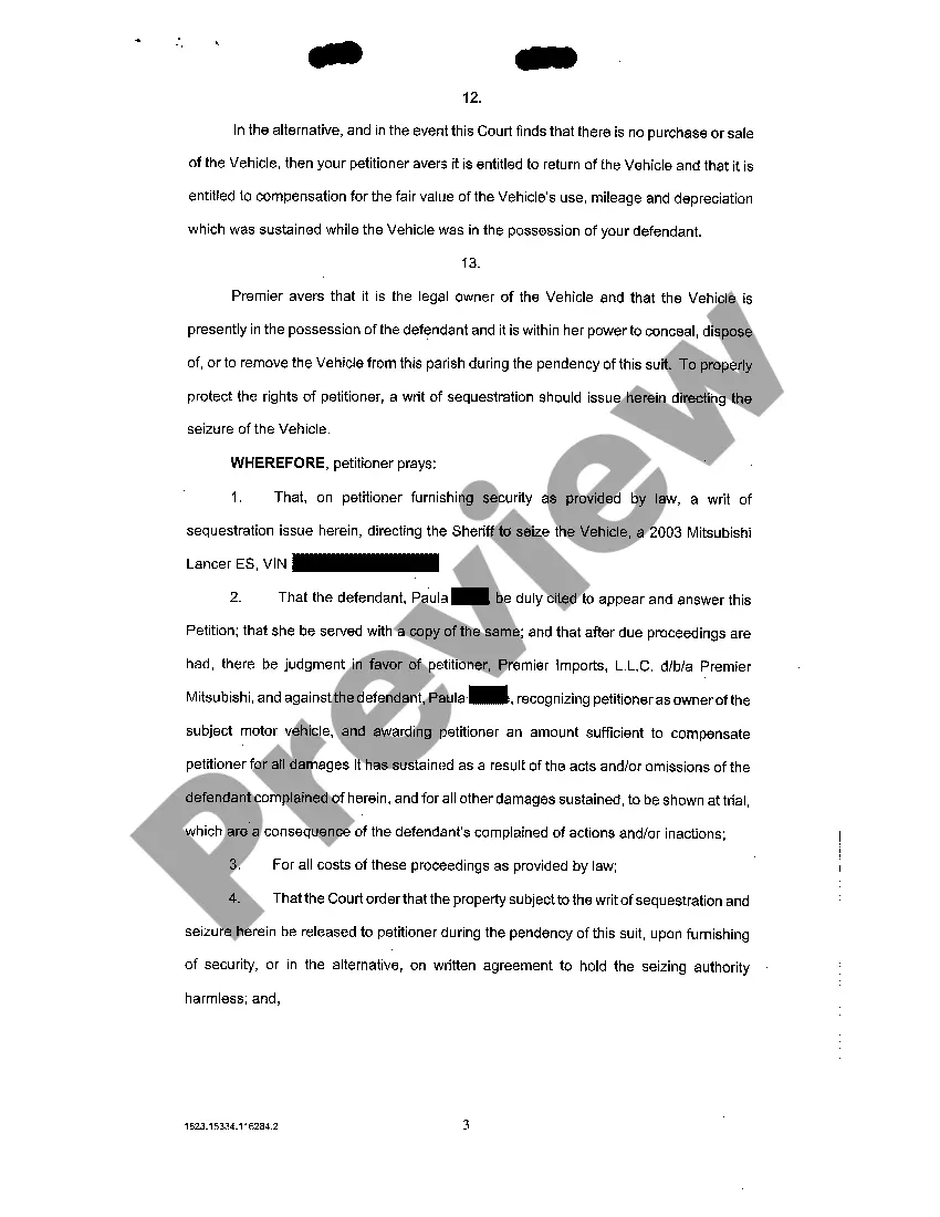 Preview Petition For Damages And Writ Of Sequestration