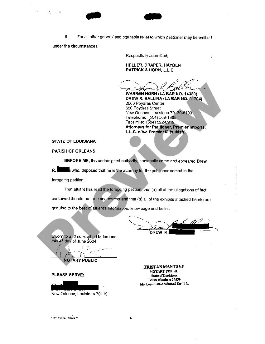 Preview Petition For Damages And Writ Of Sequestration