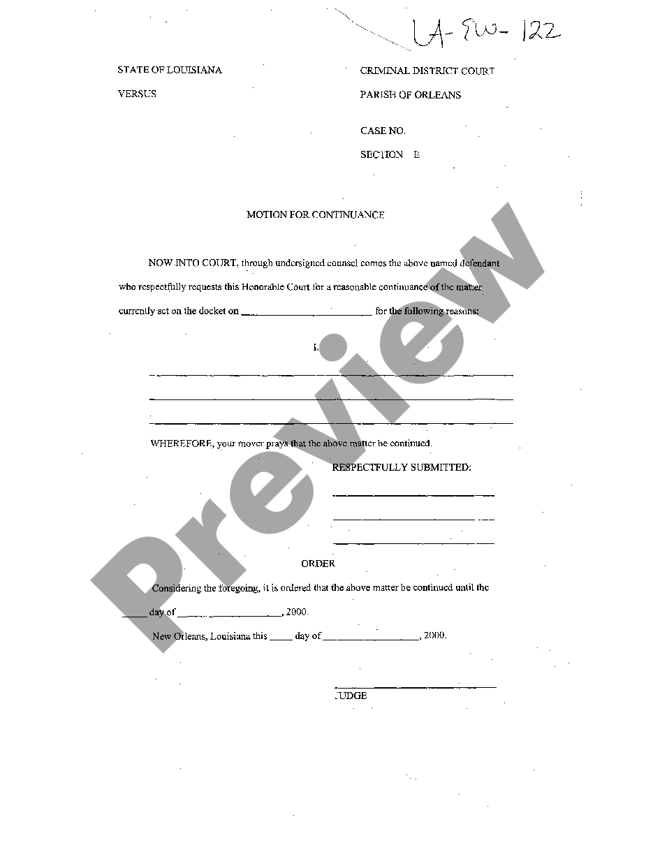 Louisiana Sample Motion For Continuance Blank Motion For