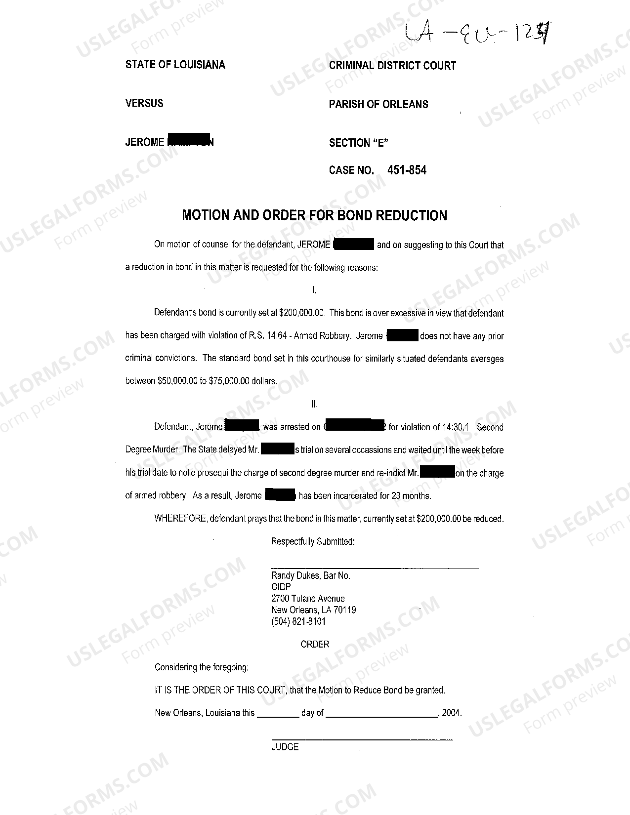Baton Rouge Louisiana Sample Motion And Order For Bond Reduction Bond