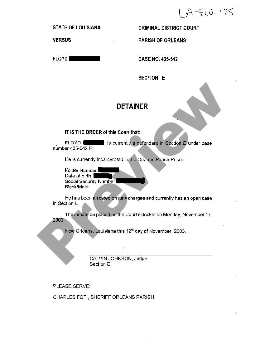 Louisiana Detainer Instate Detainer US Legal Forms