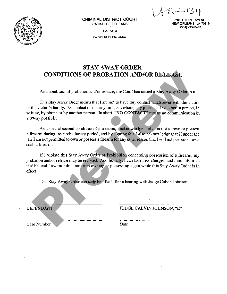 Louisiana Stay Away Order Conditions Of Probation and / or Release ...