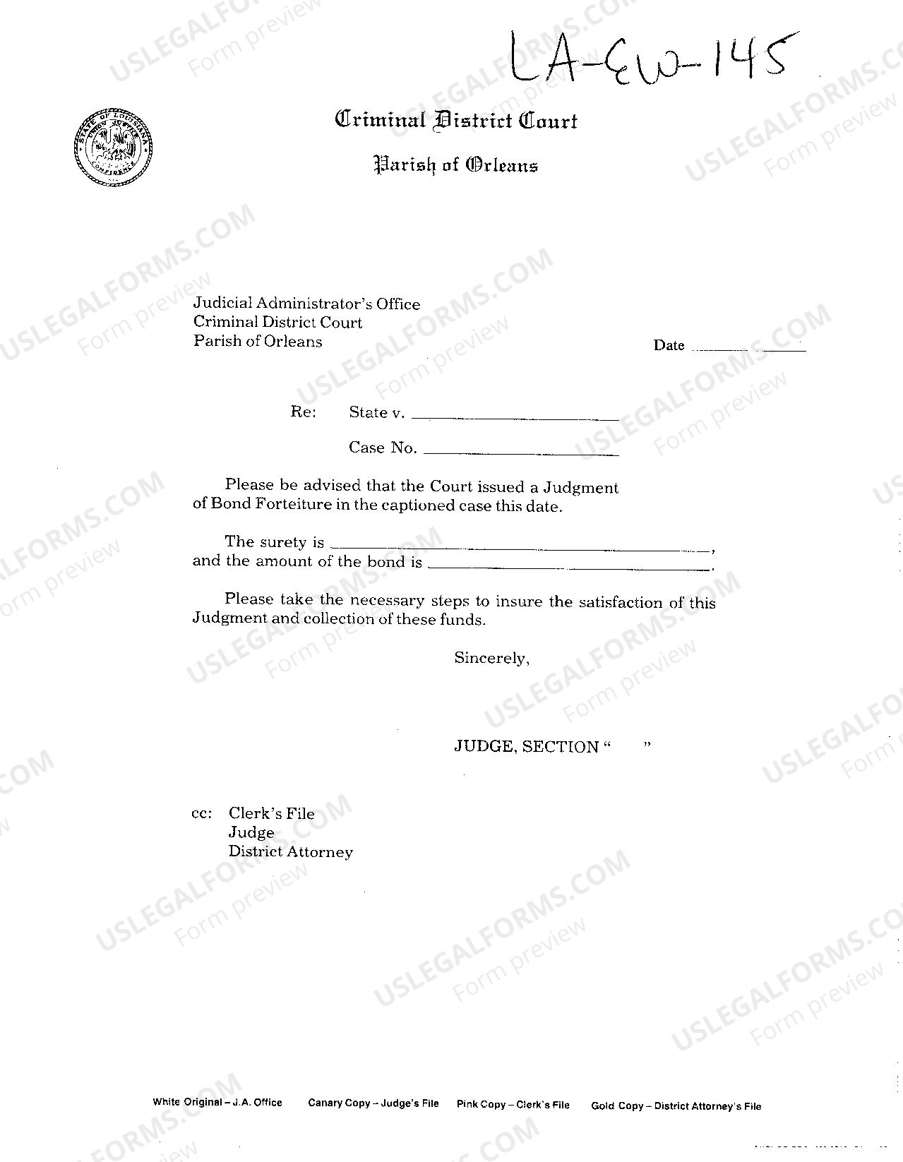 Baton Rouge Louisiana Surety Bond Judgment of Bond Forfeiture Issued