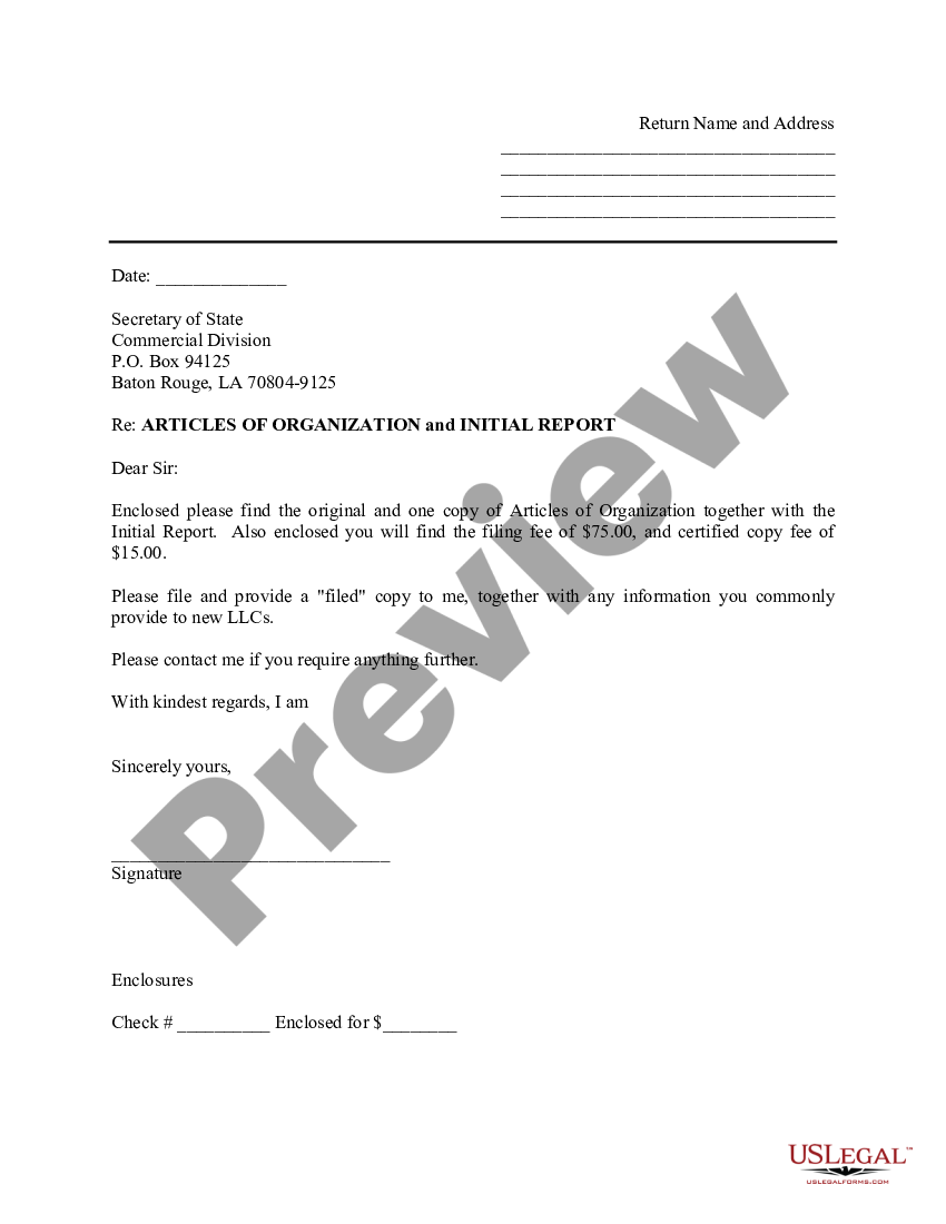 Louisiana Sample Cover Letter for Filing of LLC Articles or Certificate ...