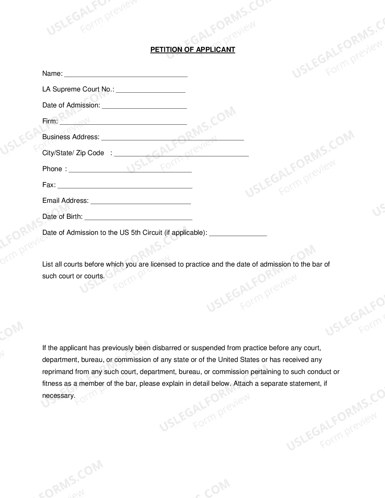 Preview Application and Motion for Admission to Practice Before the United States District Court Middle District of Louisiana