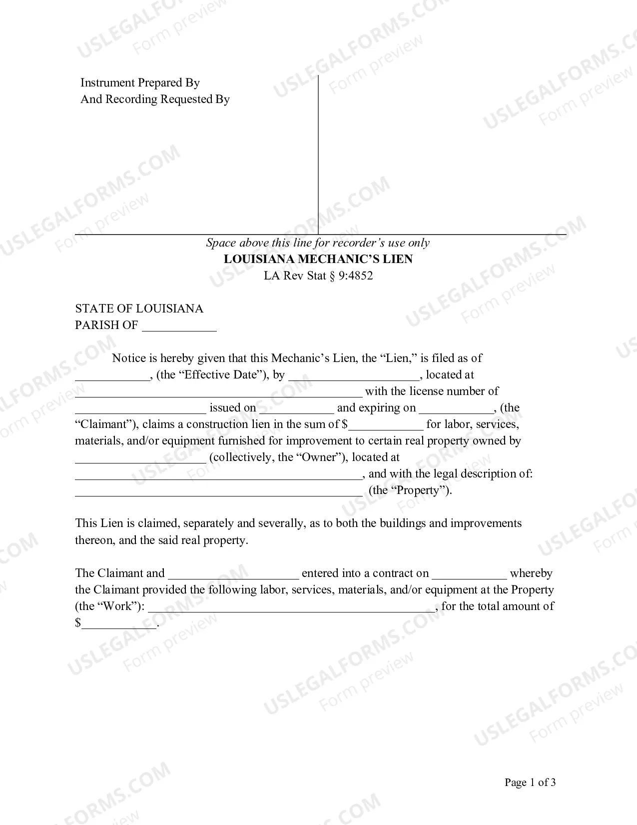 Preview Louisiana Mechanic's Lien