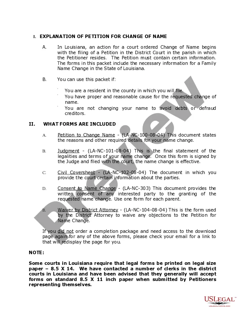 Preview Louisiana Name Change Instructions and Forms Package for a Family